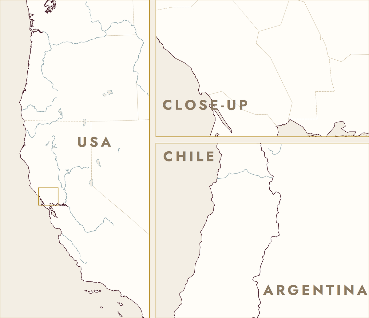 Blank map of the US West Coast, with a close-up of Napa and Sonoma, and of central Chile and Mendoza