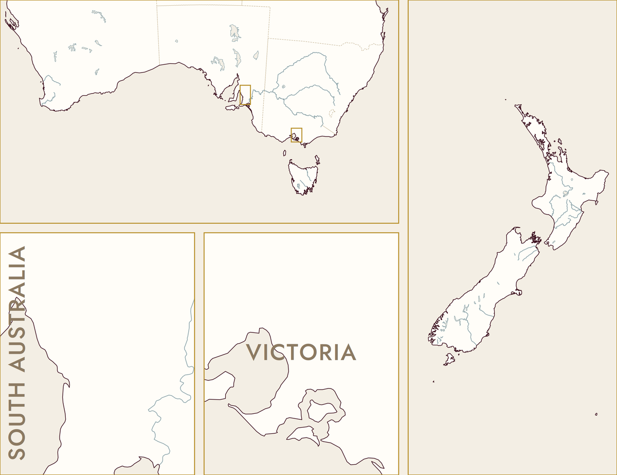 Blank map of Australia & New Zealand, with close-ups near Adelaide and Melbourne