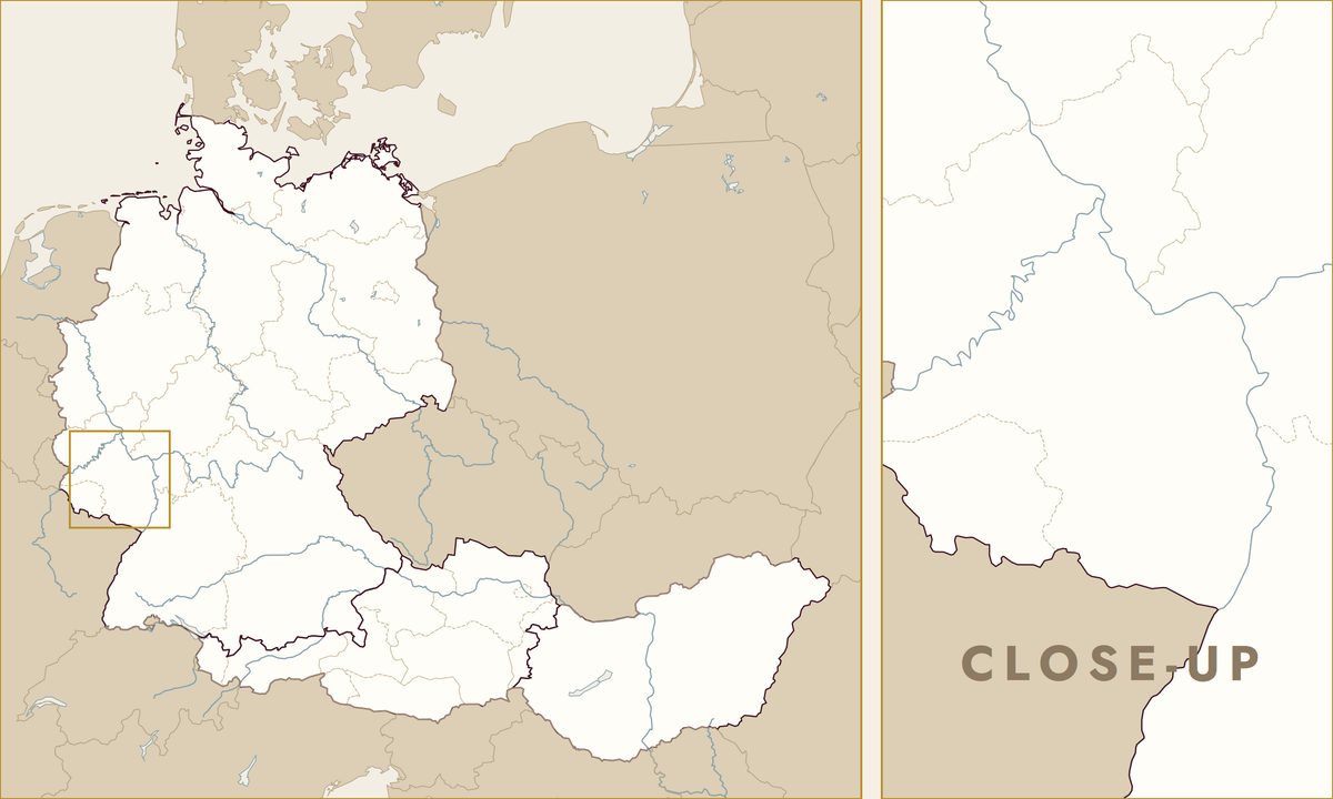 Blank map of Germany, Austria and Hungary, with a close-up of the Rhine and Mosel